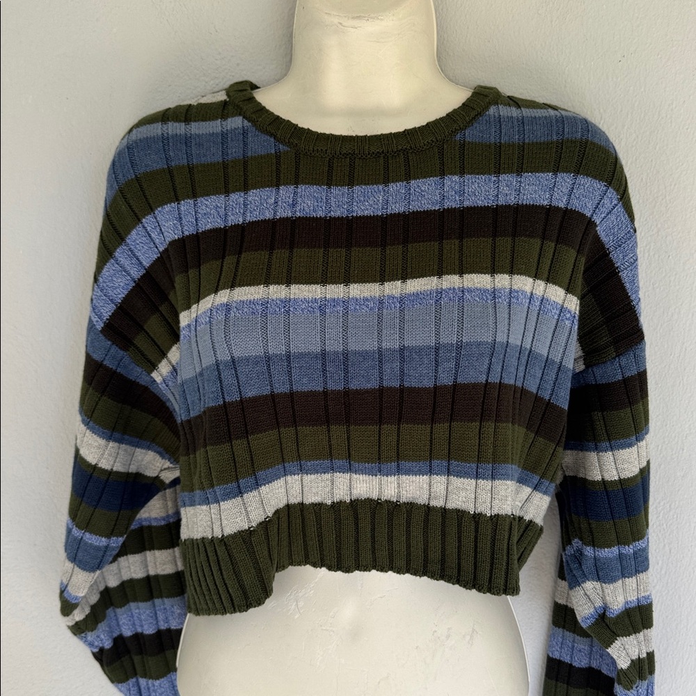 Le Lis green blue stripe stretch ribbed knit cropped long sleeve sweater small - Picture 5 of 14
